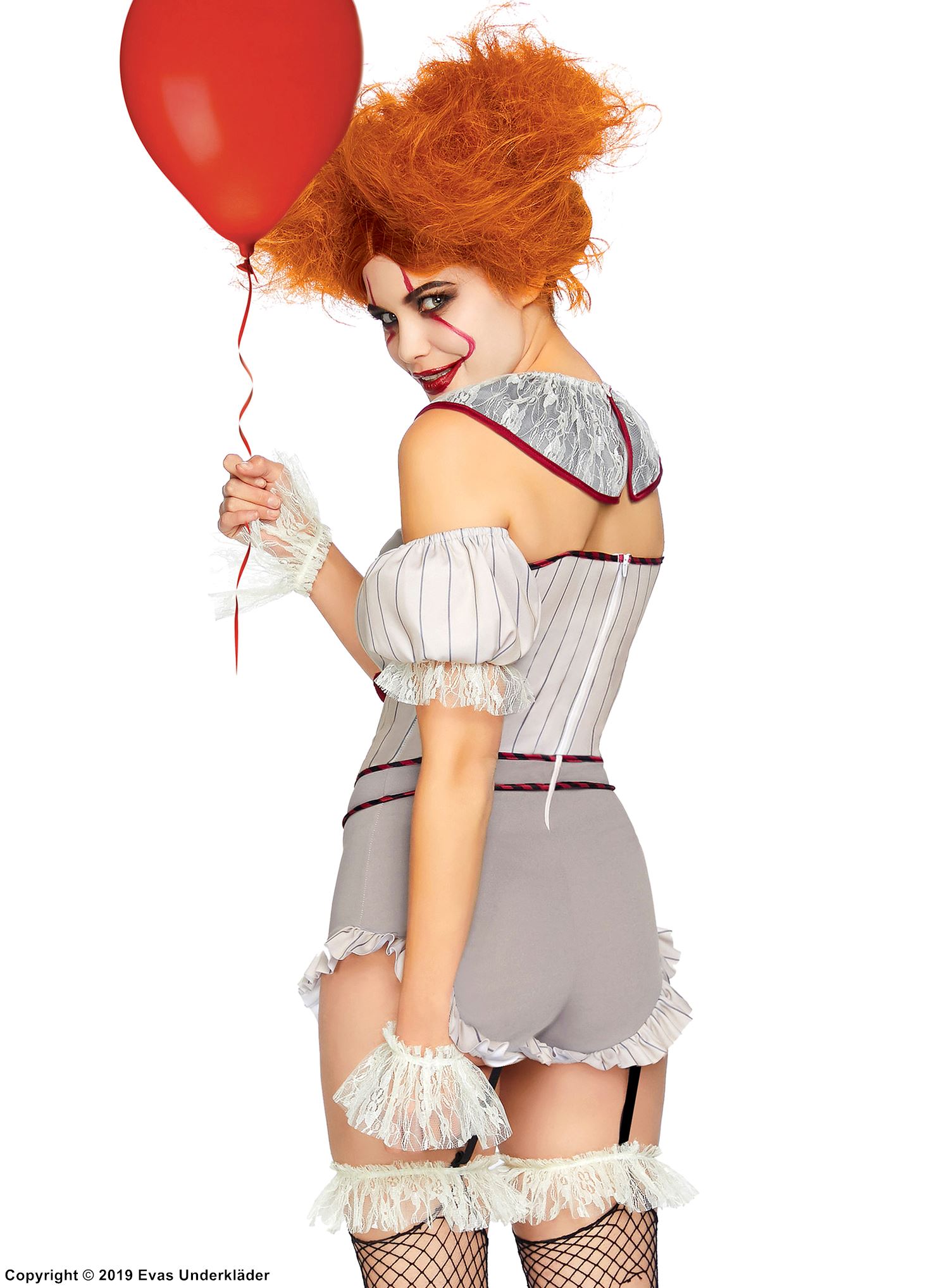 Creepy female clown from IT, costume romper, ruffles, pom pom buttons, stripes